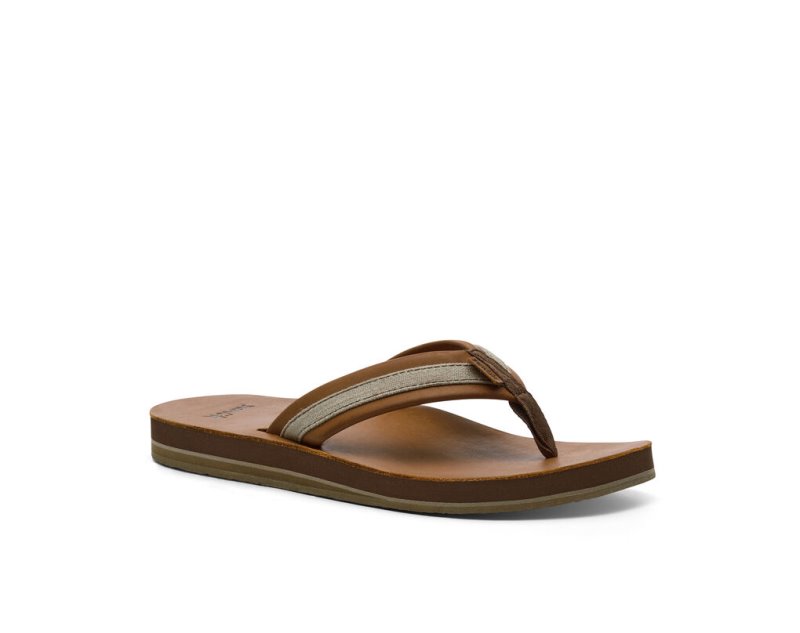 Men's Sanuk Hullsome Leather St Hemp Flip Flops Brown | 8934-HRBFY