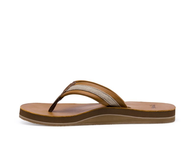 Men's Sanuk Hullsome Leather St Hemp Flip Flops Brown | 8934-HRBFY