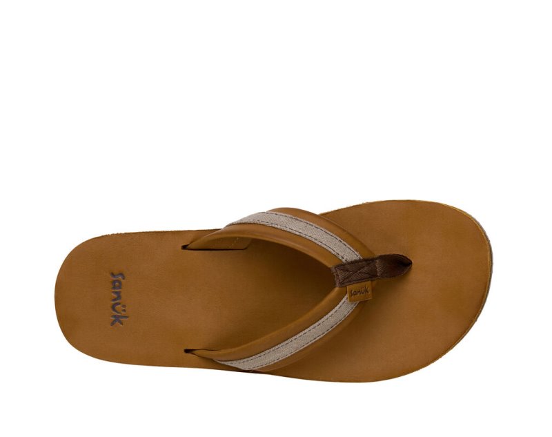 Men's Sanuk Hullsome Leather St Hemp Flip Flops Brown | 8934-HRBFY