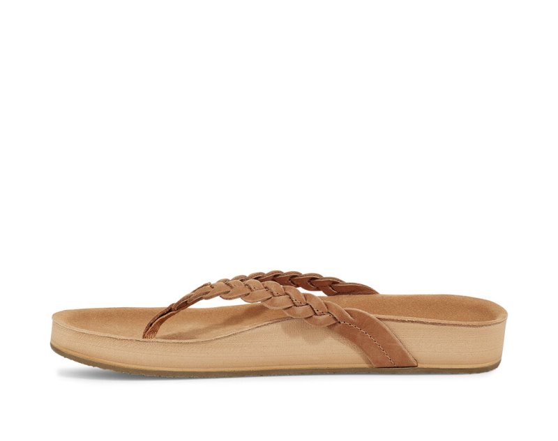 Women's Sanuk She Loungy Braid Leather Flip Flops Brown | 4031-TMHUF