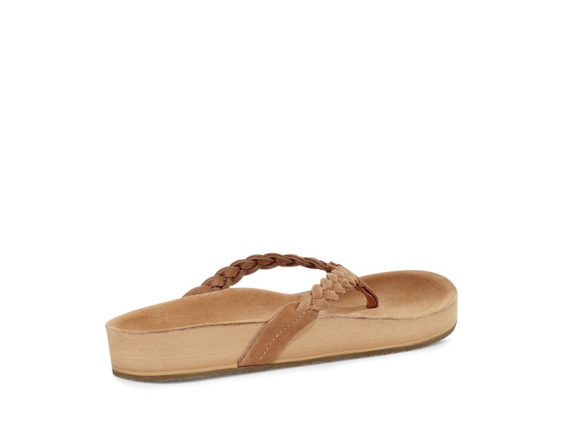 Women's Sanuk She Loungy Braid Leather Flip Flops Brown | 4031-TMHUF