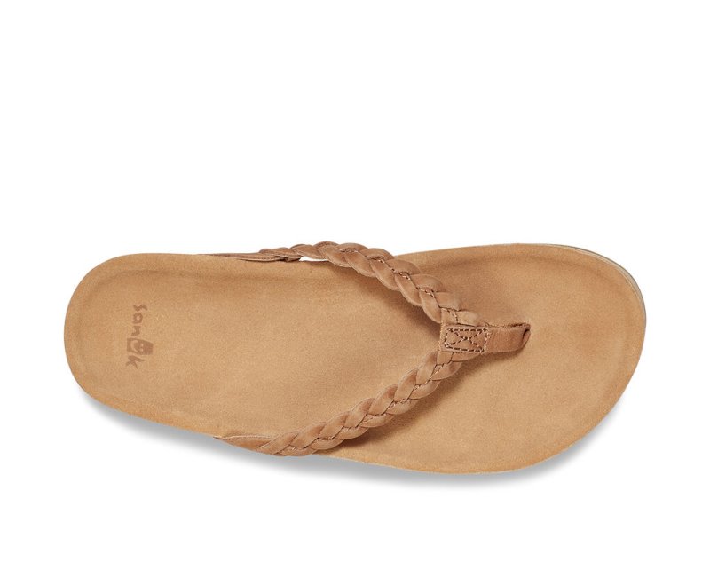 Women's Sanuk She Loungy Braid Leather Flip Flops Brown | 4031-TMHUF