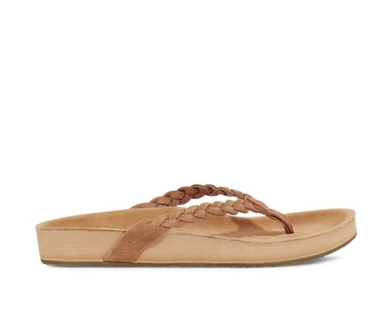 Women\'s Sanuk She Loungy Braid Leather Flip Flops Brown | 4031-TMHUF