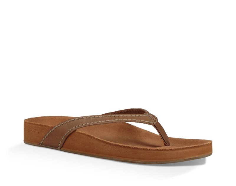 Women's Sanuk She Loungy Leather Flip Flops Brown | 0485-PUEIG