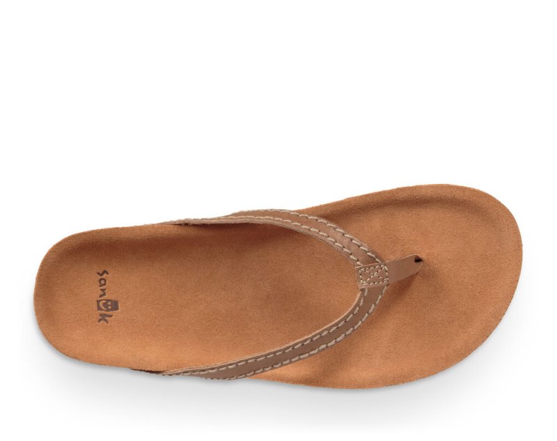 Women's Sanuk She Loungy Leather Flip Flops Brown | 0485-PUEIG