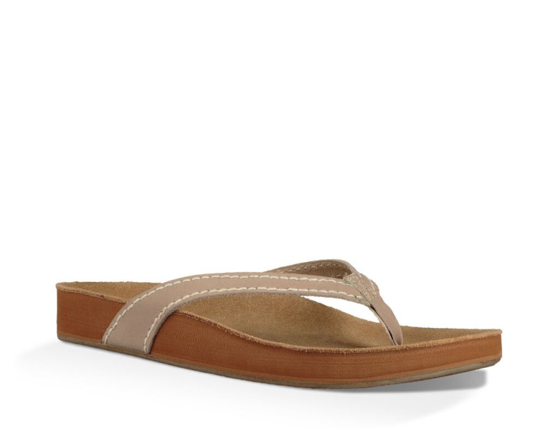 Women's Sanuk She Loungy Leather Flip Flops Beige | 4721-KHDNJ