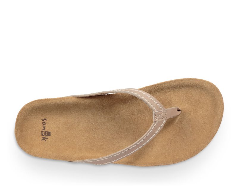 Women's Sanuk She Loungy Leather Flip Flops Beige | 4721-KHDNJ