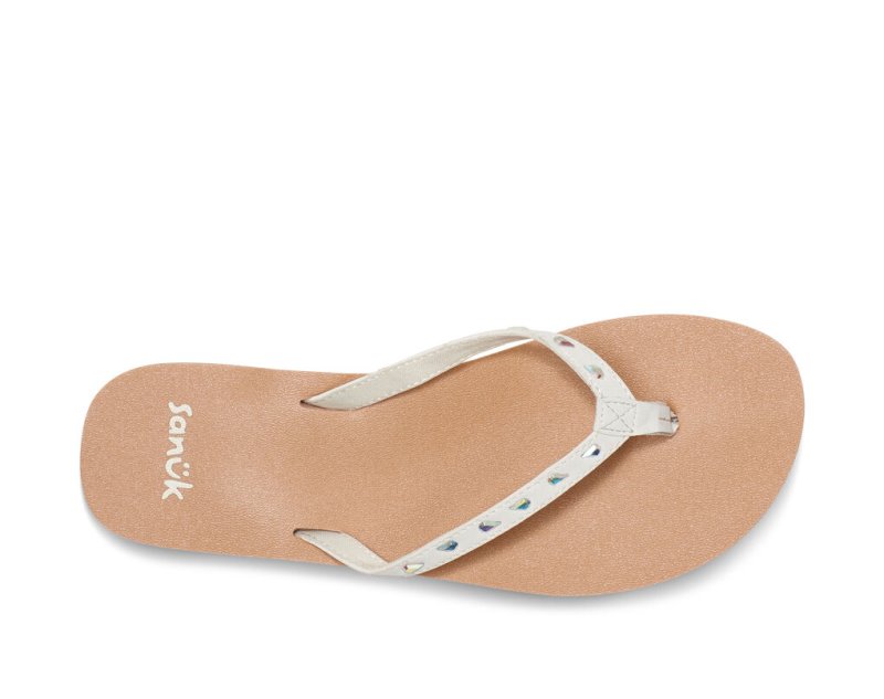 Women's Sanuk Yoga Joy Bling Rhinestone Flip Flops White / Brown | 0963-PWGLT