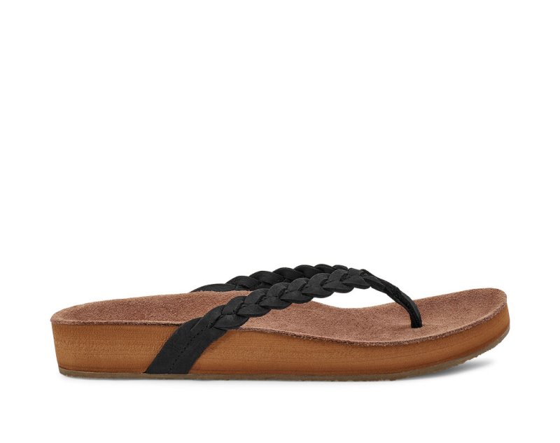 Women's Sanuk She Loungy Braid Leather Flip Flops Black | 7694-UEMGT