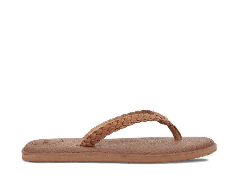 Women's Sanuk Yoga Braid Leather Flip Flops Brown | 7085-IERNU